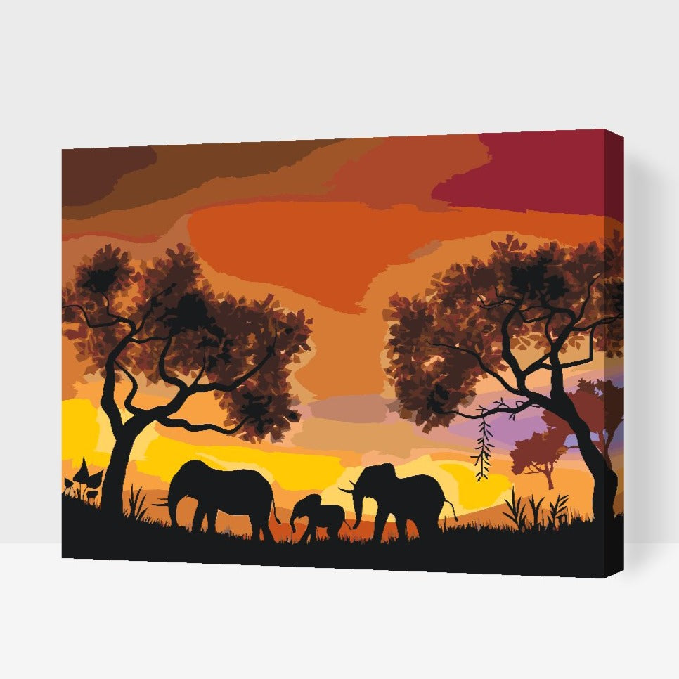 Elefanter i solnedgång över savannen – måla efter nummer tavla