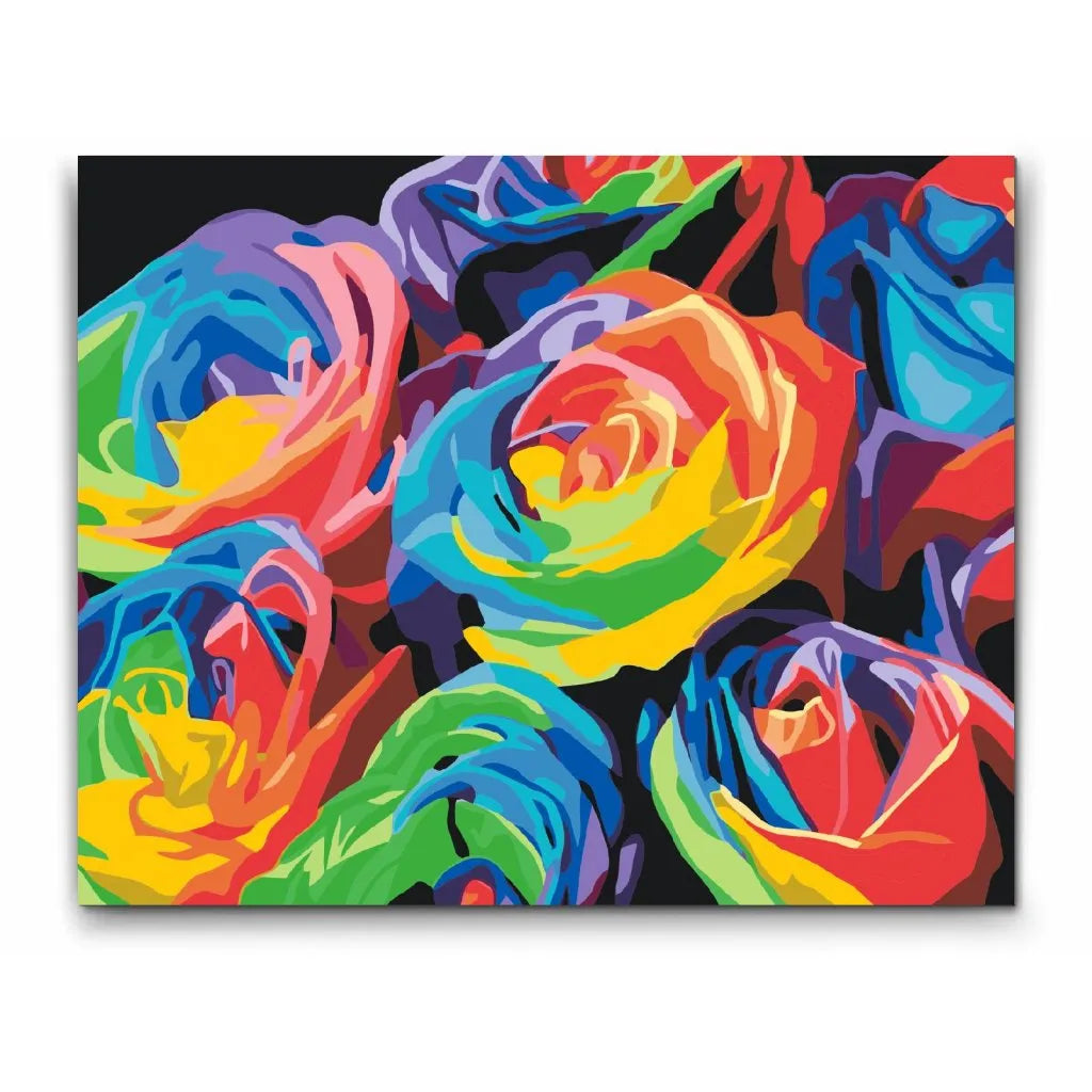 Regnbågsrosor i starka färger – måla efter nummer tavla med blommotiv