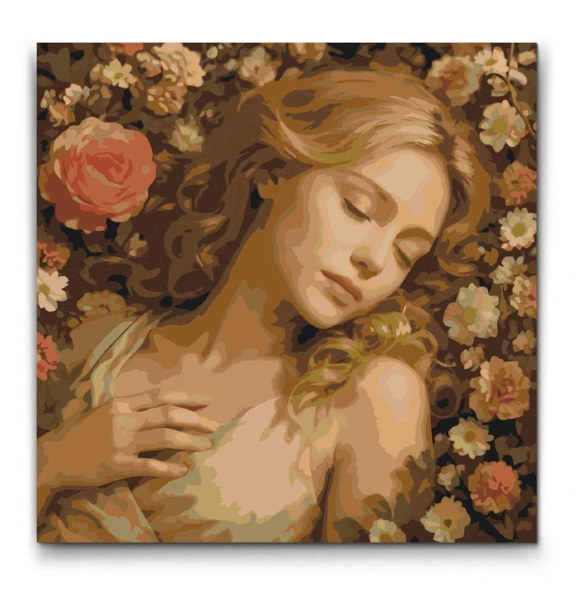 Måla efter nummer tavla med kvinna liggande bland blommor i mjuka jordnära färger