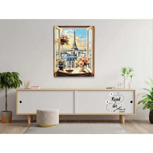 Romantisk Parisvy med blommor och kaffe – paint by numbers motiv