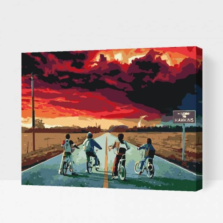 stranger things inspirerad måla efter nummer tavla med retro neonfärger och ikoniskt motiv