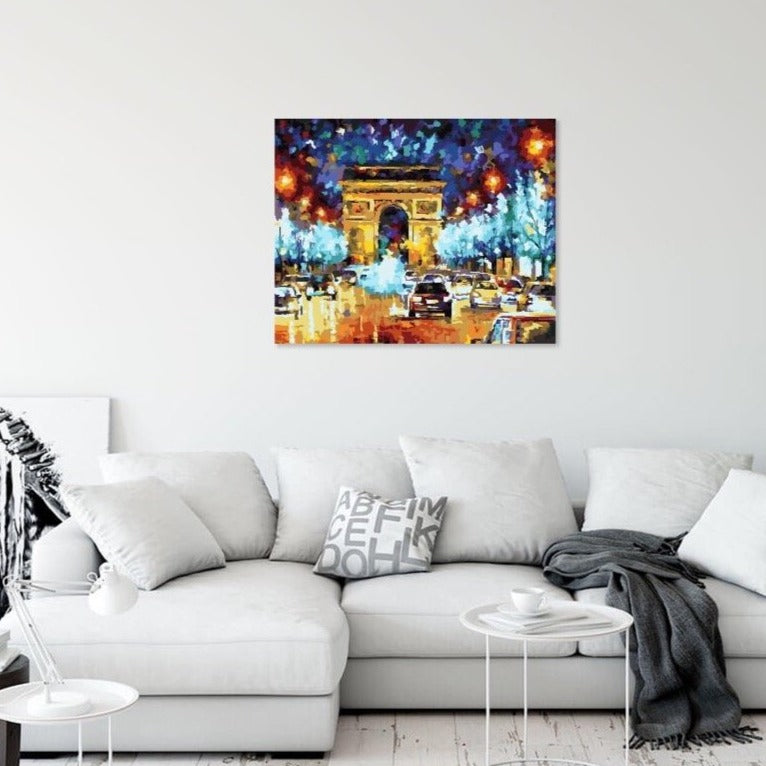 Triumfbågen Paris måla efter nummer | Paris paint by numbers motiv | Färgstark Paris-tavla för vuxna | Premium målarset Triumfbågen