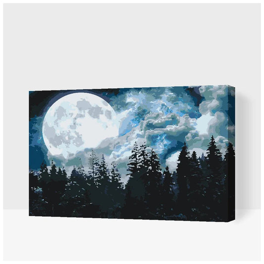 Fullmåne över mörk skog – måla efter nummer tavla