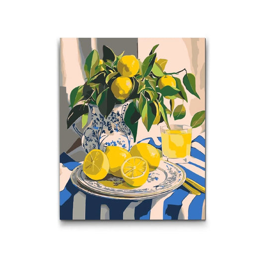 Citroner på bord i blåvit vas – måla efter nummer kit