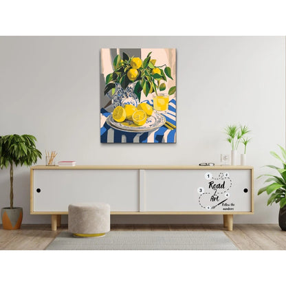 Somrigt motiv med citroner och juice – paint by numbers tavla