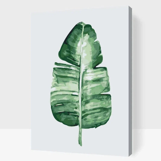 Grönt blad målarbild på canvas – måla efter nummer med akrylfärg
