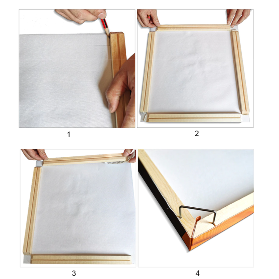 Närbild på spännramens hörn – enkel att sätta ihop själv