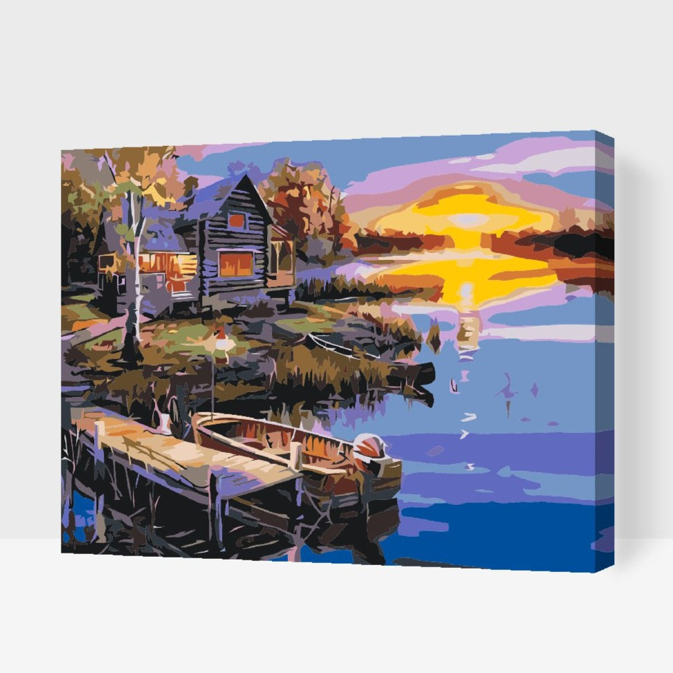 Måla Efter Nummer – Stuga vid Sjön som Tavla att Måla Själv