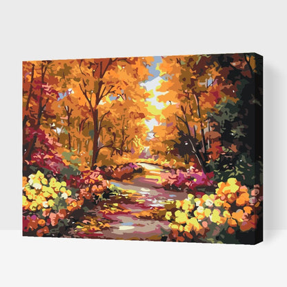 Färgstark höstskog med gula och röda löv – måla efter nummer tavla