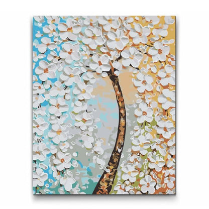 Vita blommor i närbild – måla efter nummer tavla med blommotiv