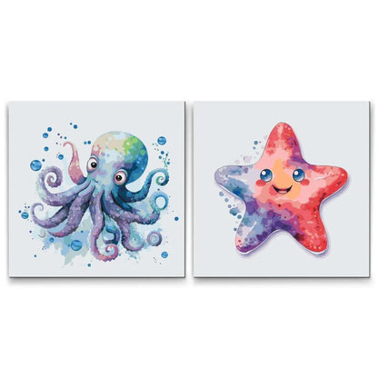 Två glada vattendjur – måla efter nummer tavlor i färgglatt tvåpack