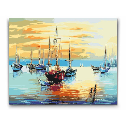 Båtar i solnedgång – måla efter nummer tavla
