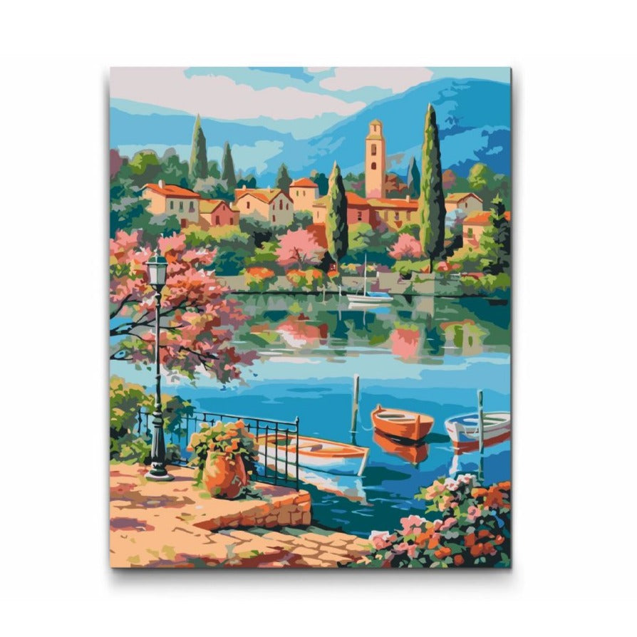 Eftermiddagssol vid sjö med lugnt vatten – måla efter nummer tavla