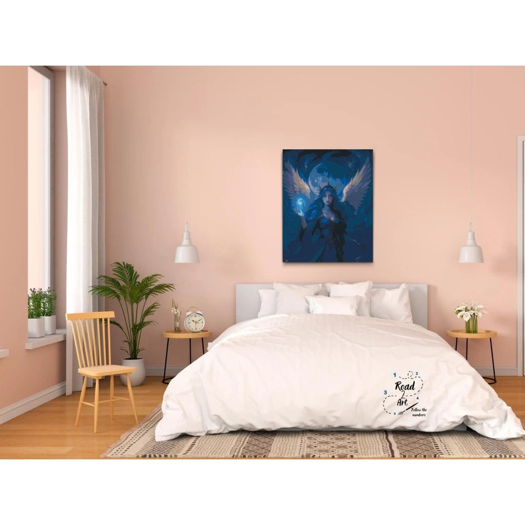 Fantasy kvinna med energi i handen och måne i bakgrunden – paint by numbers