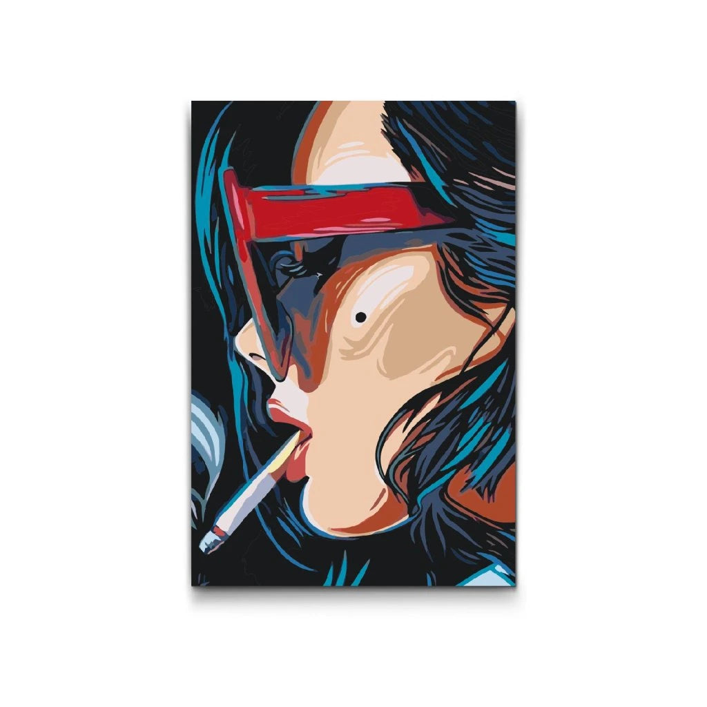 Måla efter nummer kvinna med cigarett och röda glasögon