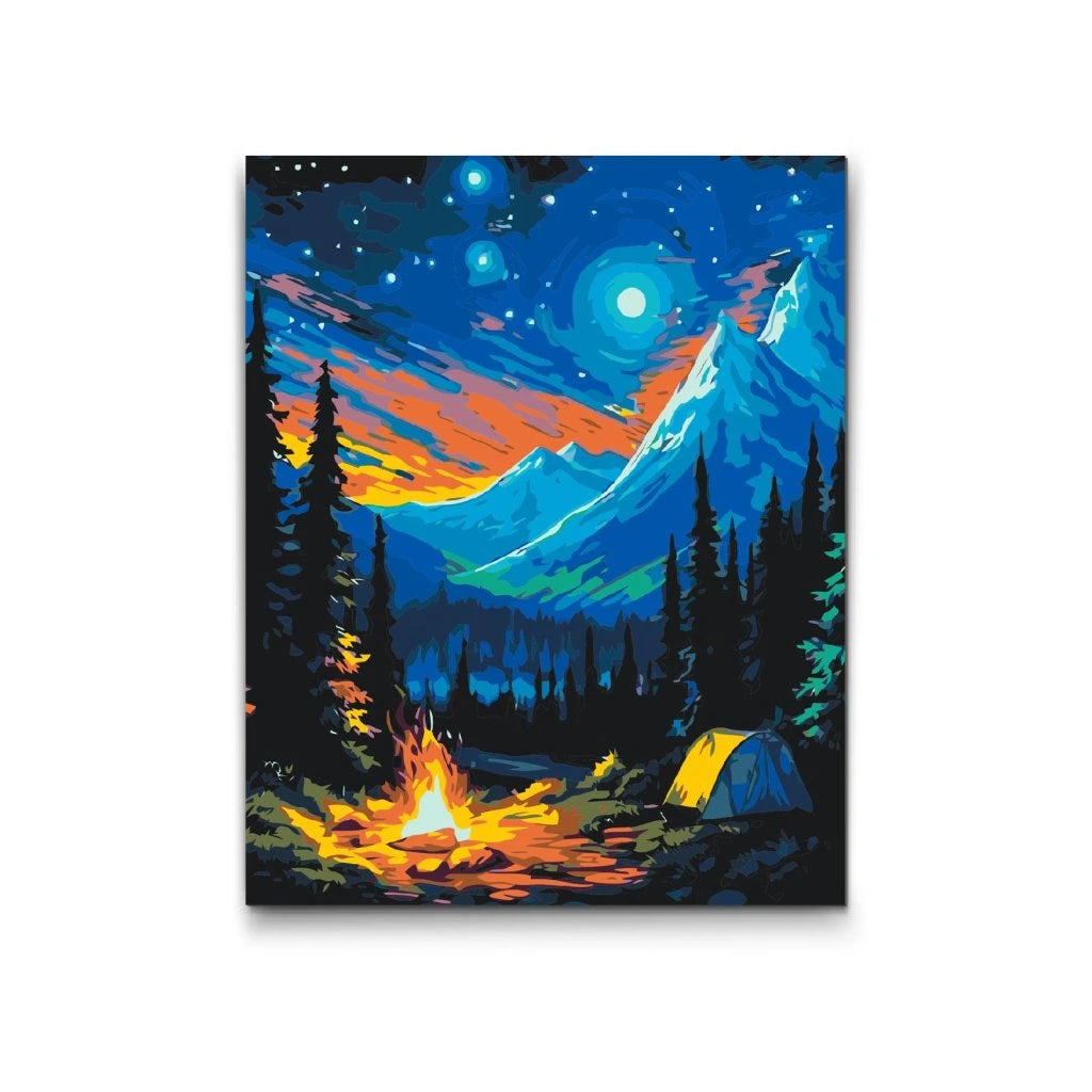 Camping under stjärnorna – måla efter nummer tavla med tält och lägereld