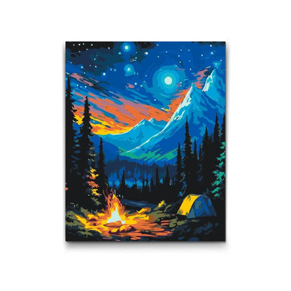 Camping under stjärnorna – måla efter nummer tavla med tält och lägereld