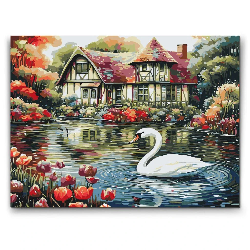 måla efter nummer vit svan vid sjön