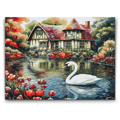 måla efter nummer vit svan vid sjön