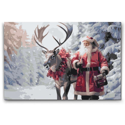 måla efter nummer tomte med ren i snöig vinterskog
