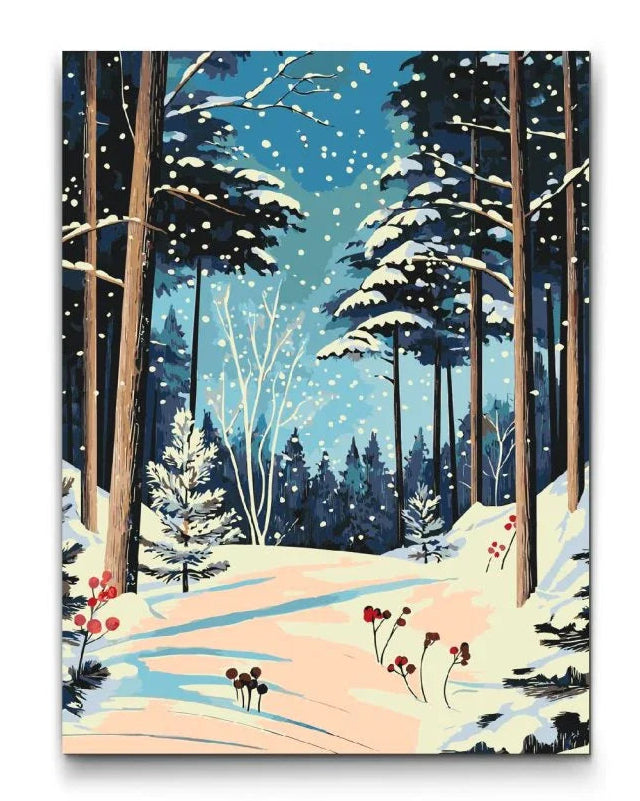 måla efter nummer vinterlandskap med snö, granar och blå himmel