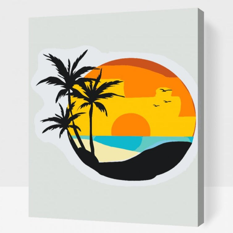 En färdig konstnärlig målning av en idyllisk strandscen med palmer och en strålande solnedgång. Denna målning har skapats med hjälp av måla efter nummer-tekniken. Den visar ett lugnt havsvatten som möter en sandstrand där palmer står höga och skapar skuggor. Solen sänker sig över horisonten och fyller himlen med varma nyanser av orange, rosa och lila. Målningen ger en känsla av ro och avkoppling i naturen.
