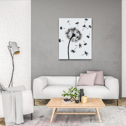 Maskros i Vinden" måla efter nummer: En färdig målning av svävande maskrosor. Alt text: Färdig konstverk av maskrosor skapad med måla efter nummer-teknik.