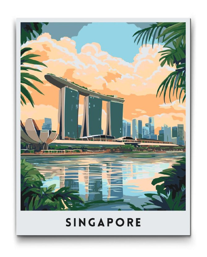 Måla efter nummer med Singapore skyline och Marina Bay Sands i varma färger på premium canvas