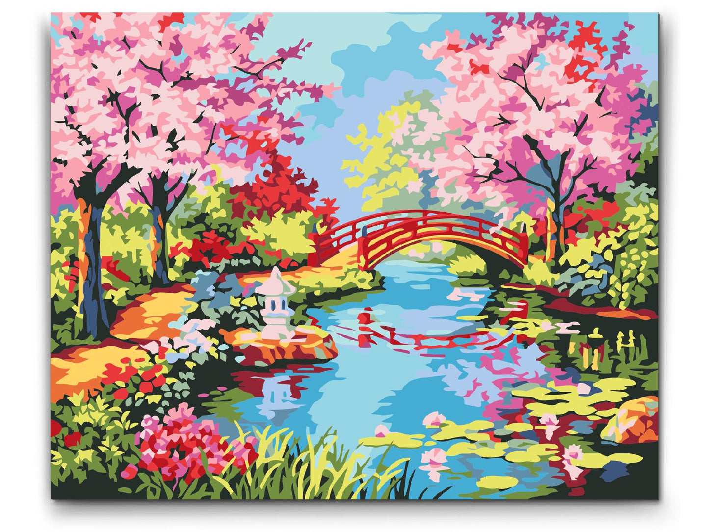 Japansk trädgård med körsbärsblommor och bro – måla efter nummer tavla