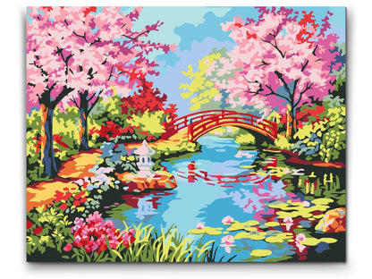 Japansk trädgård med körsbärsblommor och bro – måla efter nummer tavla