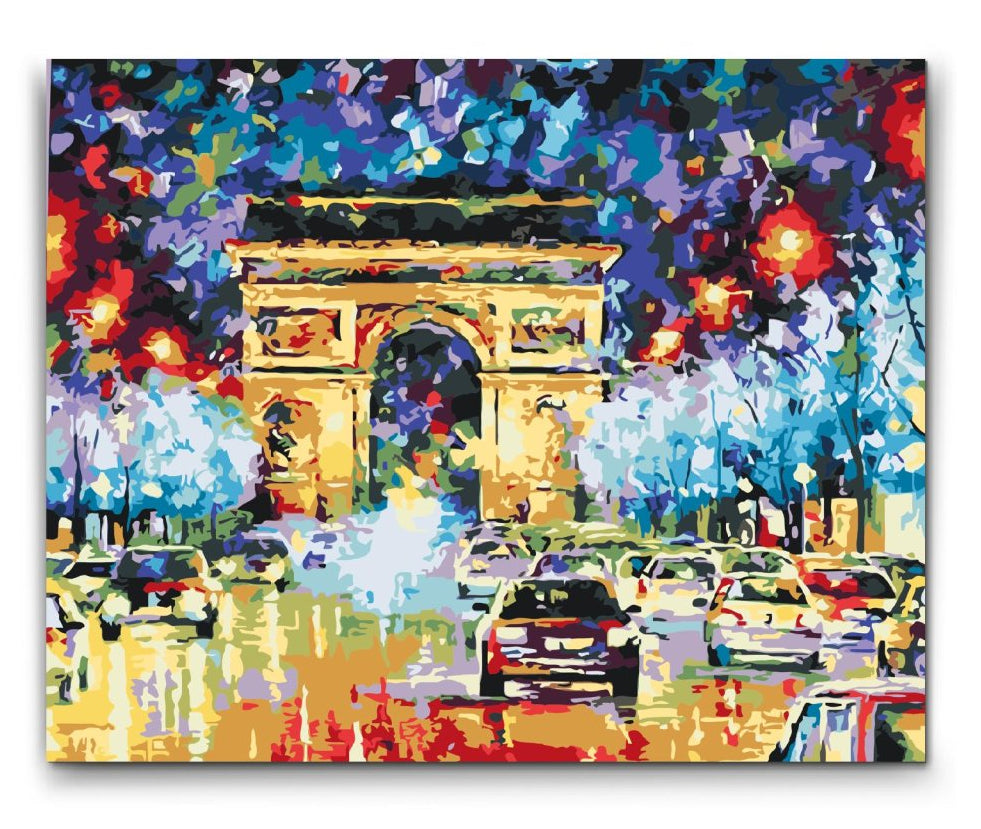 Triumfbågen Paris måla efter nummer | Paris paint by numbers motiv | Färgstark Paris-tavla för vuxna | Premium målarset Triumfbågen