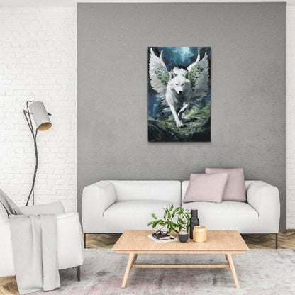 "Änglavarg" Måla efter siffror. Setet inkluderar en förtryckt canvas med numrerade fält, dubbelt så mycket färg som behövs, högkvalitativa penslar och alternativ för inramad eller oinramad version. Perfekt för konstnärer på alla nivåer. En bild av en änglavarg tar form på duken. En kreativ och avkopplande aktivitet för alla.