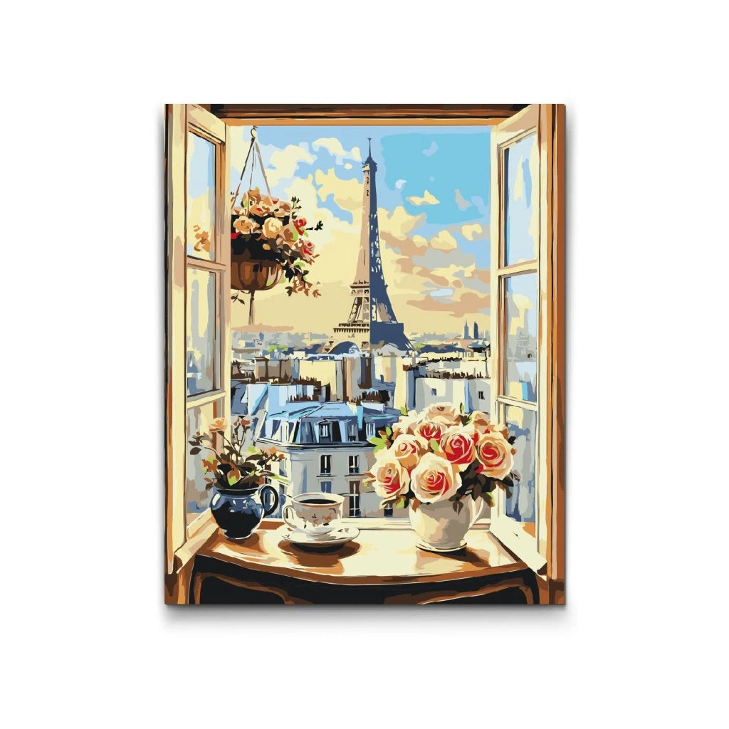 Utsikt över Paris med Eiffeltornet från fönster – måla efter nummer tavla