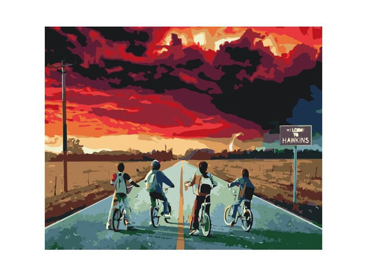 stranger things inspirerad måla efter nummer tavla med retro neonfärger och ikoniskt motiv